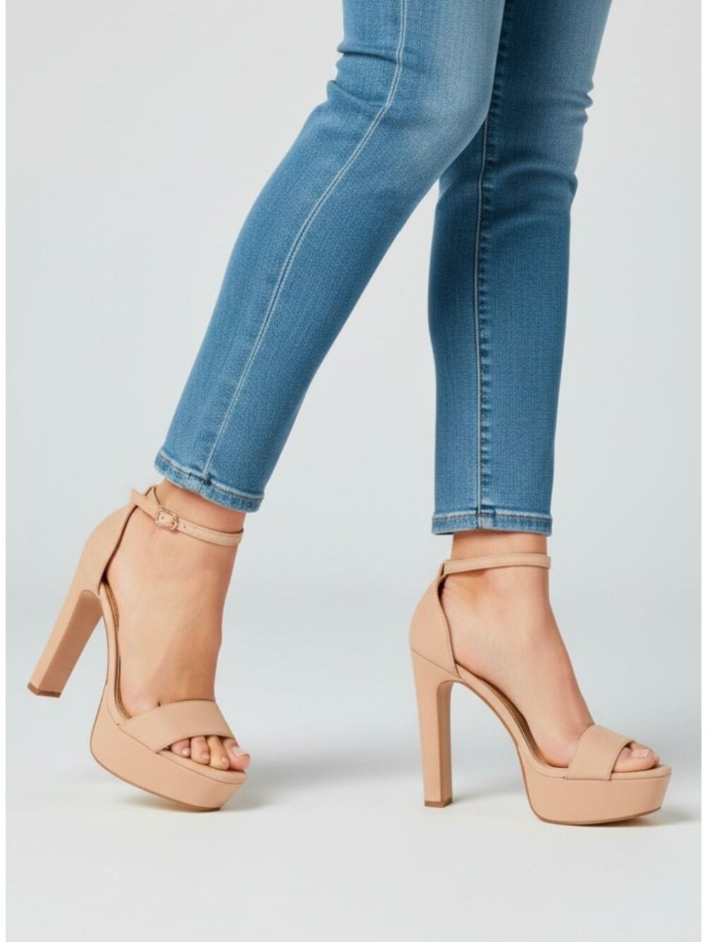 Nude Platform Block Heel Sandals With Ankle Strap